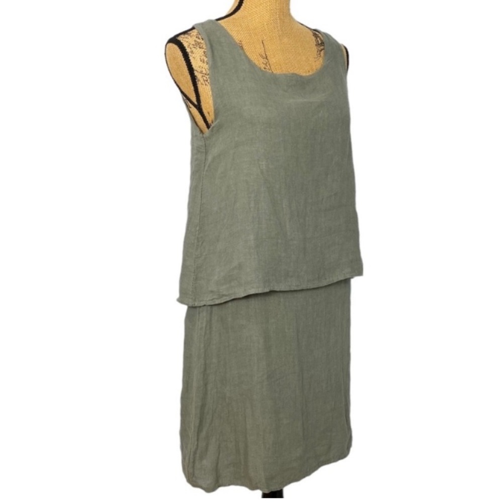 Lungo L’arno Italy Made Pop Over 2 in 1 Olive Green Sleeveless Linen Dress XS. - Picture 7 of 11